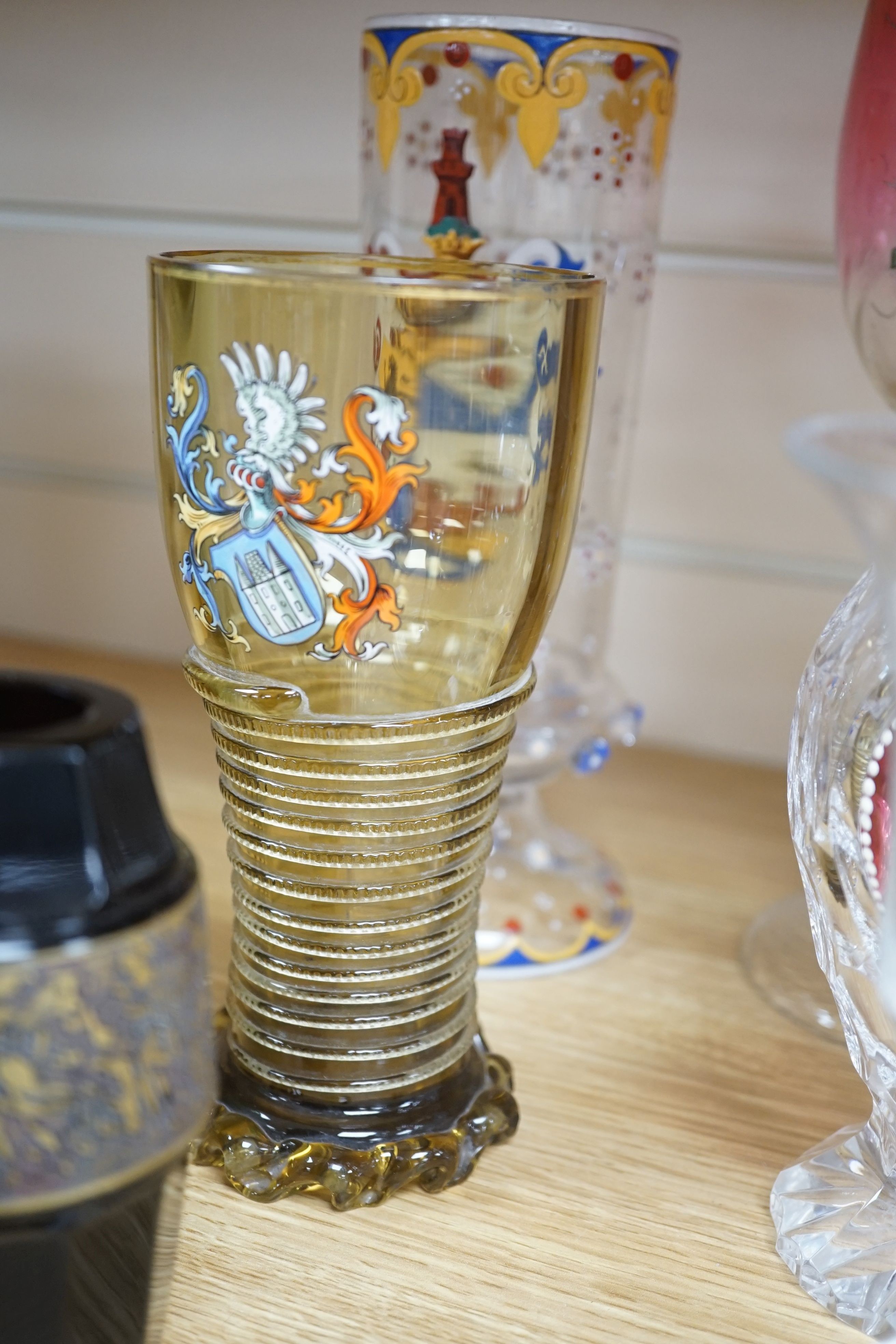 A wheel engraved Bohemian blue and yellow glass goblet, a similar gilded beaker in the manner of Anton Kothgasser, other bohemian cut glass, Moser, an 18th century Dutch soda glass, etc